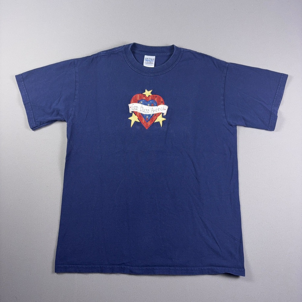 Vintage Y2K Gildan God Bless America Heart Graphic T-Shirt Navy Blue Medium